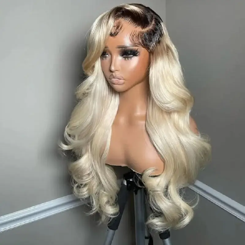 

Мягкий длинный бесклеевой парик 26 дюймов, плотность 180, Ombre Blonde, объемная волна, кружевной передний парик для женщин, детские волосы, термостойкие, предварительно выщипанные