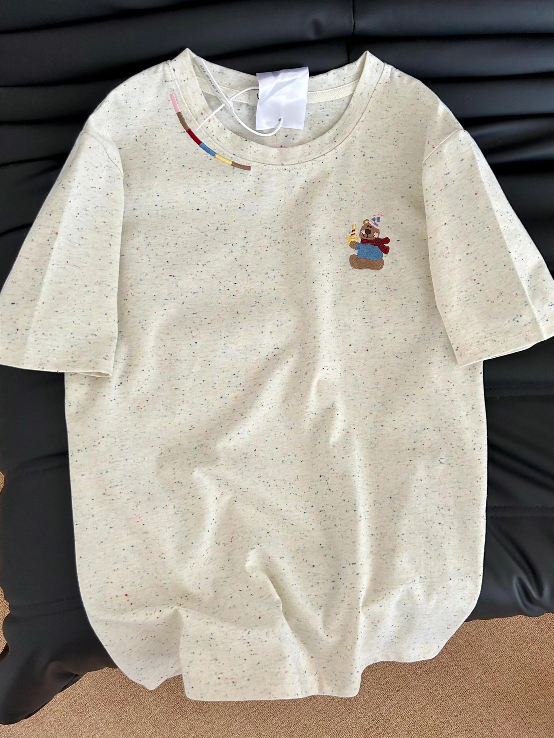 

Retro Embroidered Bear Spot ort Sve Women's T-irt Loose All-Match Summer Pure Cotton Korean Sle Casual Top