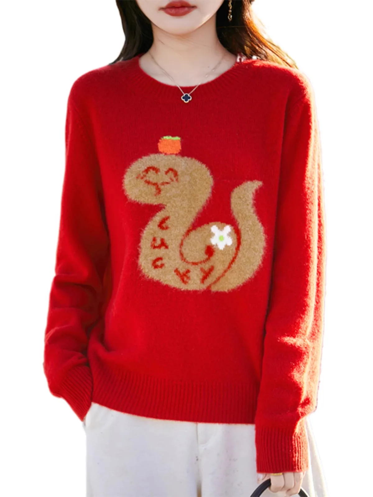 2024 Winter Neue Sle Schlange Jahr Gestrickte Reine Wolle Pullover frauen Neue Jahr Rot runde Ne Pullover Koreanische Version lange Sve