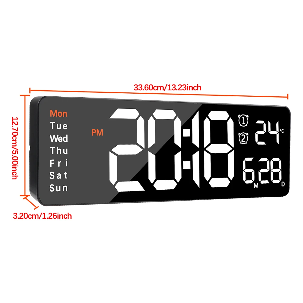 Remote Control Dual Alarms LED Clocks Wall-mounted Large Digital Wall Clock Power Off Memory Temp Date Week Display Table Clock