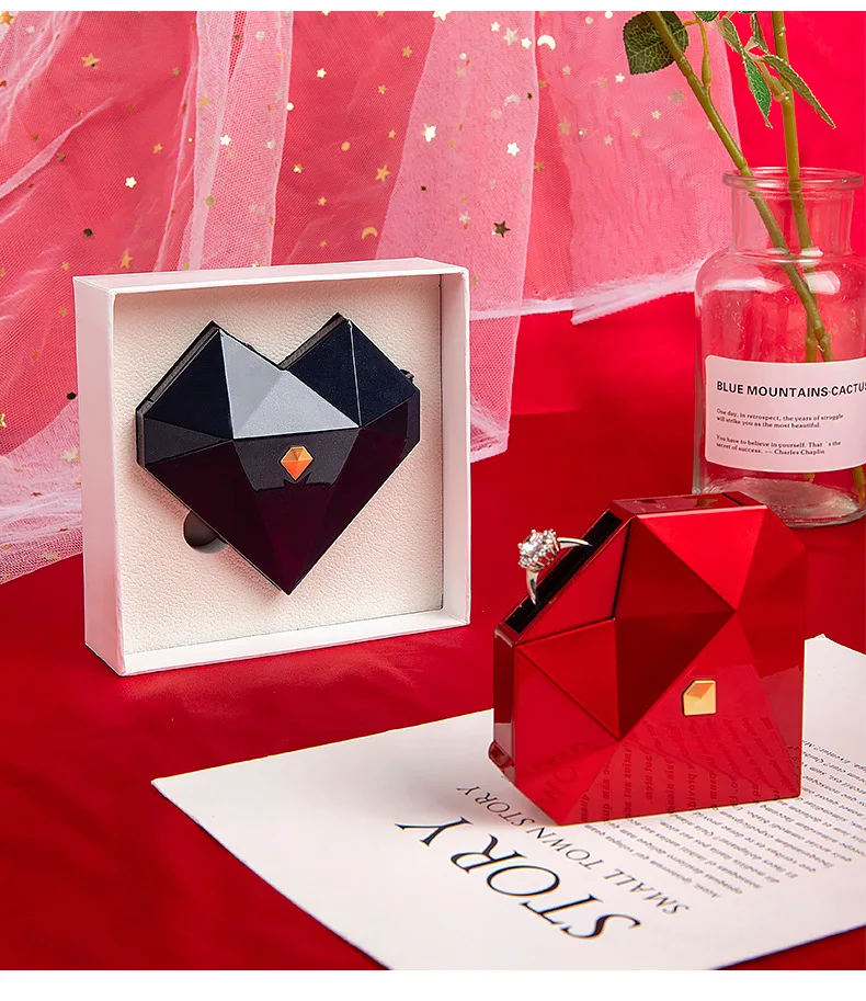 

Automatic opening magic heart-shaped diamond jewelry box retro diamond heart-shaped ring proposal diamond ring box