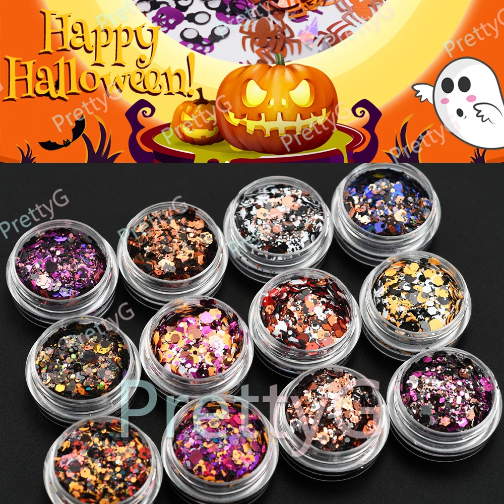 PrettyG 1Set 12Color Box Halloween Chunky Mixes Glitter Bulk Wholesale Glitters Nail Sequins For DIY Mold Resin Epoxy Decoration