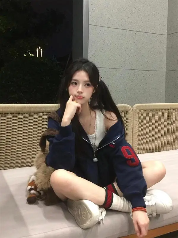 レトロアメリカンスタイルフリース裏地付きフード付きオープンカーディガンレディースルーズレイジースタイル厚手オーバーサイズジッパージャケット秋冬用