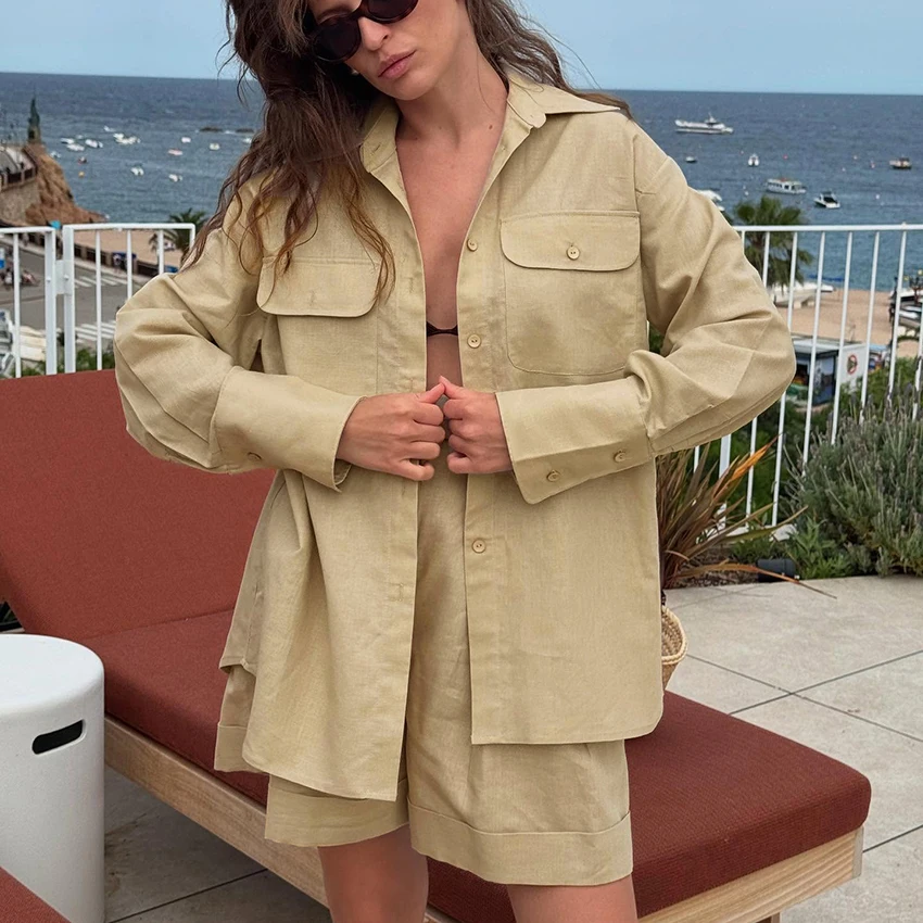 

Linad Fashion Khaki Pure Cotton Shorts Sets Casual Pockets Lapel Full-Open Cardigan Long Sleeve Suits Fitted Folds Botton Outfit