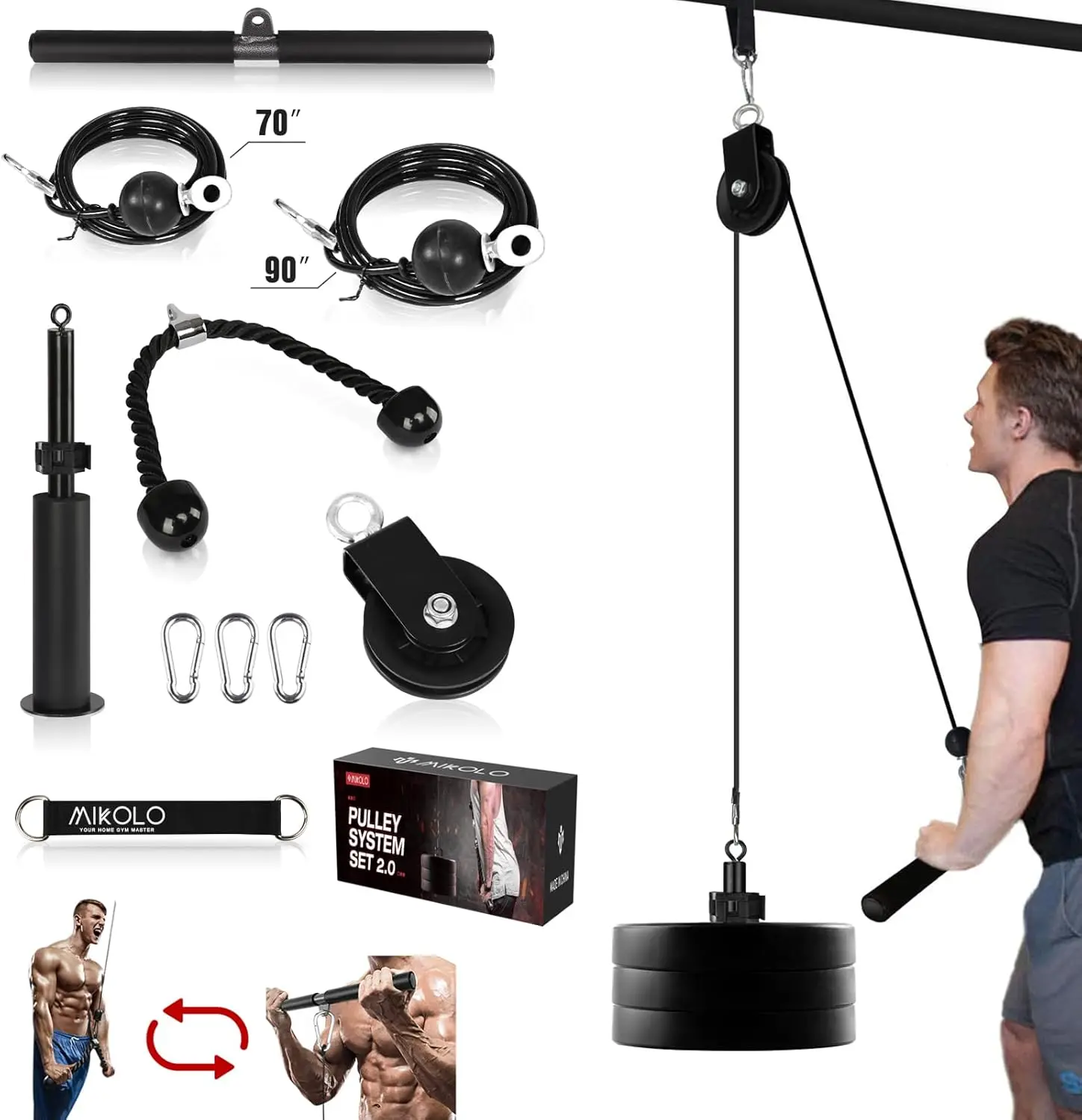 Sistema de polea de Fitness LAT y Lift, máquina de doble Cable (70 "y 90") con Pin de carga mejorado para tríceps extraíble, bíceps Cu