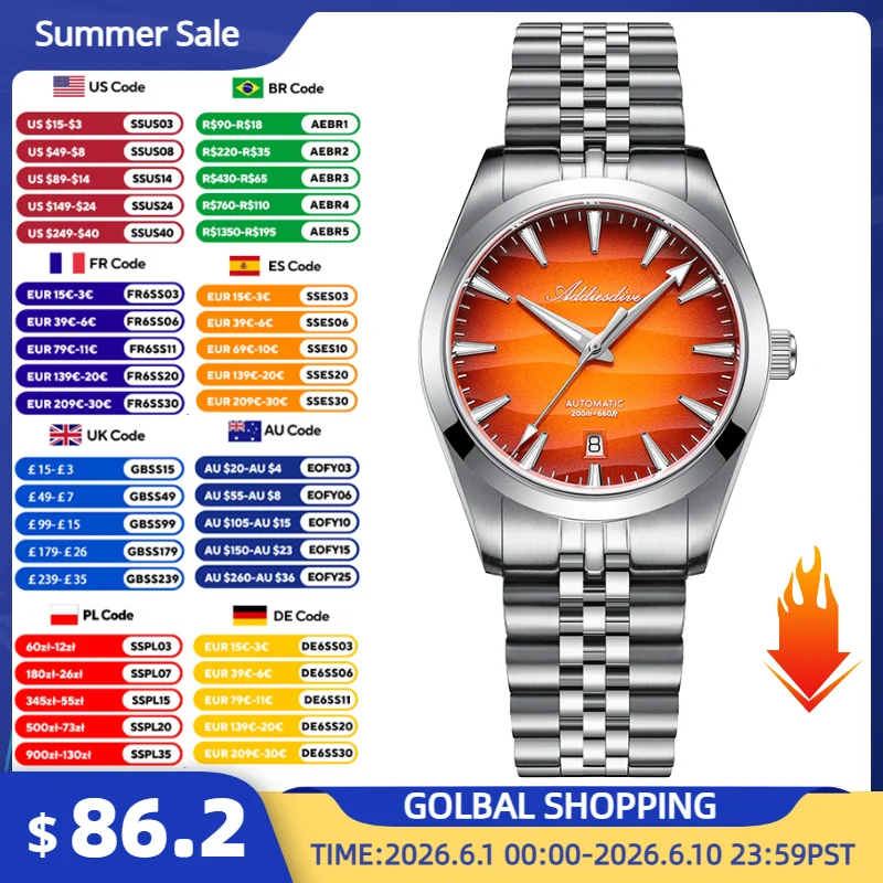 

ADDIESDIVE Men's Automatic Watch 39mm Sand Dial Sapphire Glass Wristwatch 200m Waterproof Super Luminous Diving Watches New Male
