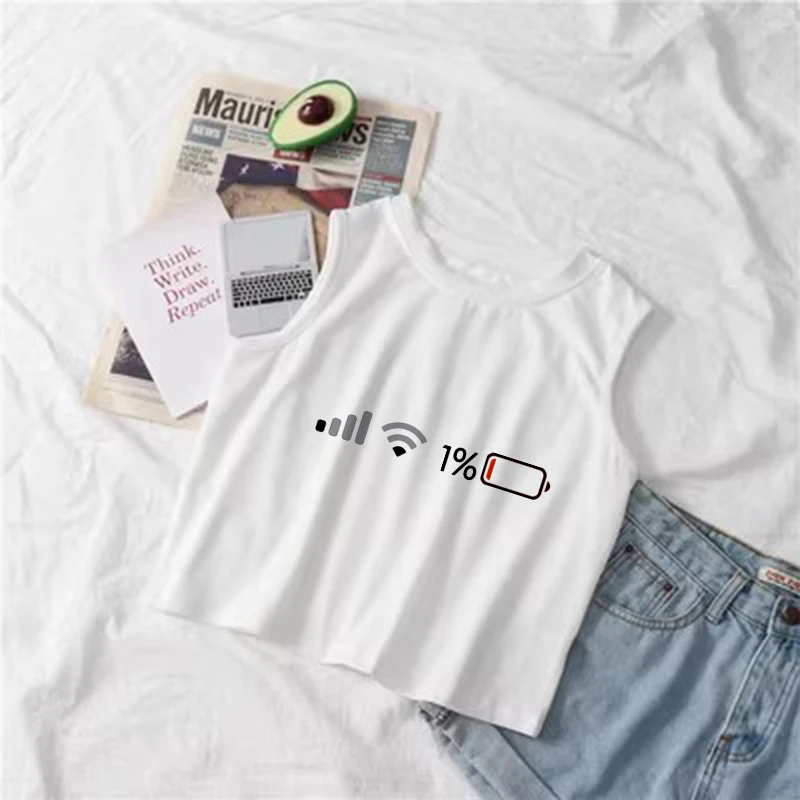 Y2k Aesthetic Signal Wifi Power Print Sleeveless Tank Top Women Ribbed Knit Vest   2000s spicy girl street Sexy White Crop Top