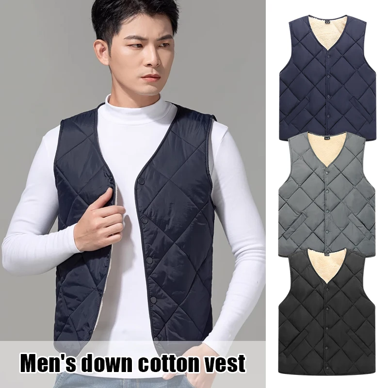 Autumn Winter Men Warm Vest Down Cotton Plush Thicken Casual Sleeveless V-neck Jacket Middle Aged Elderly Men's Vest Gilet L-4XL