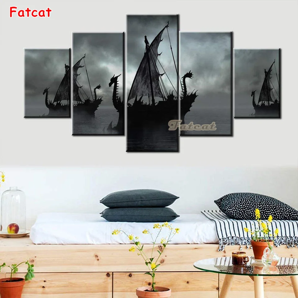 5 Panel Diamond Painting black white Vikings Ship Full Diamond Mosaic 5d Diy Embroidery Fantasy Sailing Boat 5 pcs decor PP4760