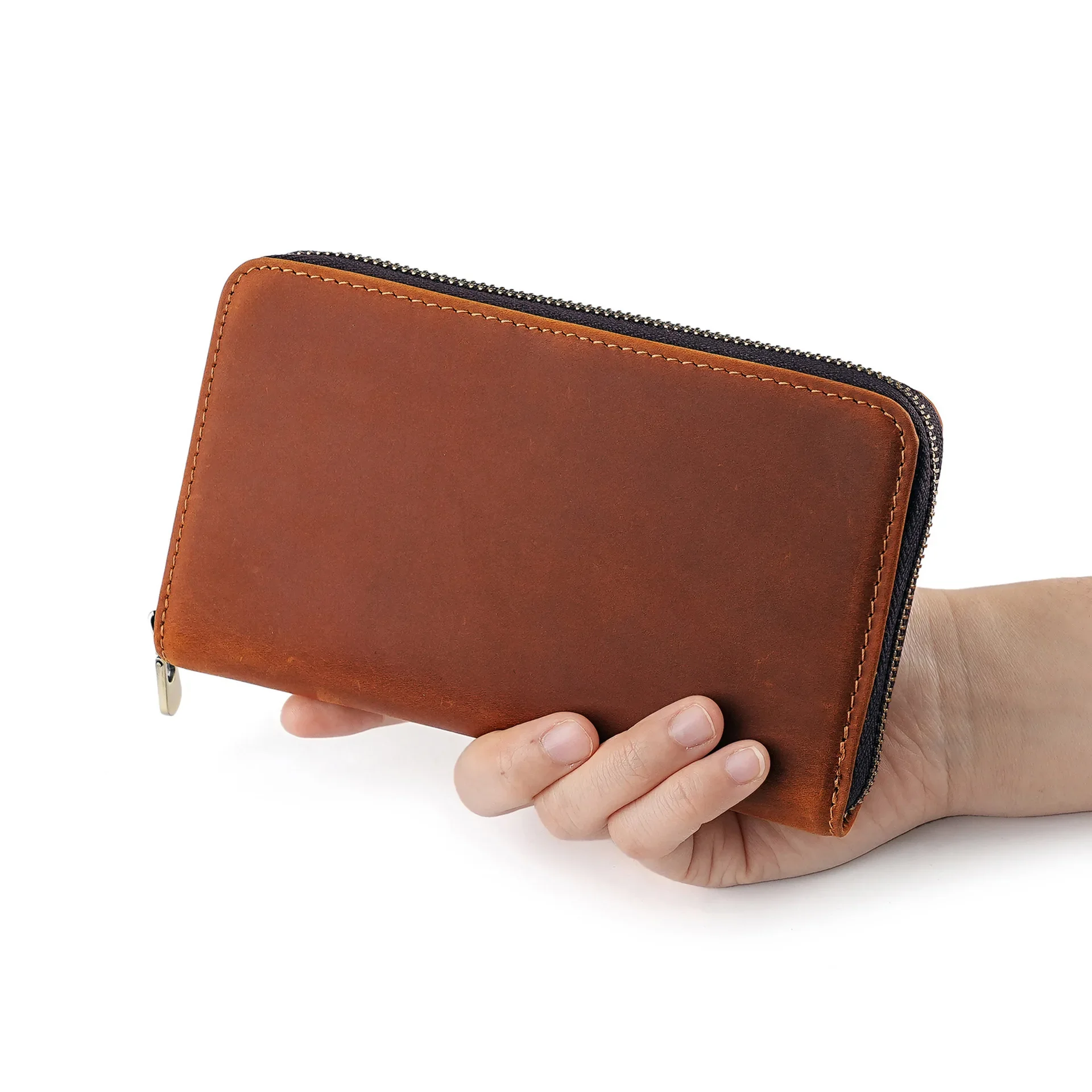 Vintage Zippered Pen Pouch Genuine Leather Multifunctional Business Pen Storage Wallets for Pencil Cards Tickets Receipt