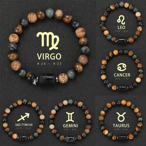12 Zodiac Bracelets Natural Stone Cancer Virgo Leo Libra Bracelet Couples Friendship Gifts Bracelets Jewelry pulsera hombre