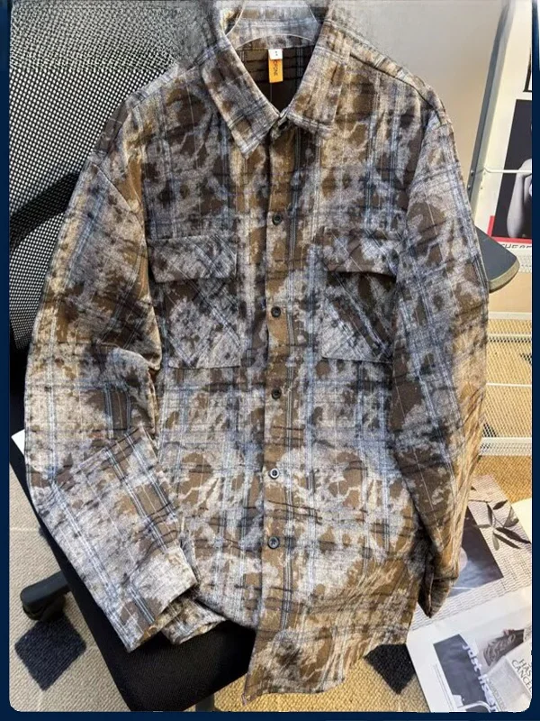 

KOBPT American Sle Floral irt Jaet Men's Spring Autumn Heavyweight Dyed Plaid Casual Outerwear Youth Trend Loose Fit