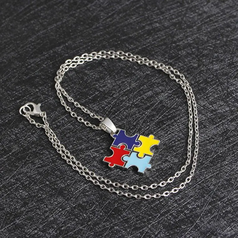 Creative Multi Color Puzzle Autism Awareness Enamel Pendant Necklace Best Friend Ladies Fashion Jewelry Accessories Gift Wholesa