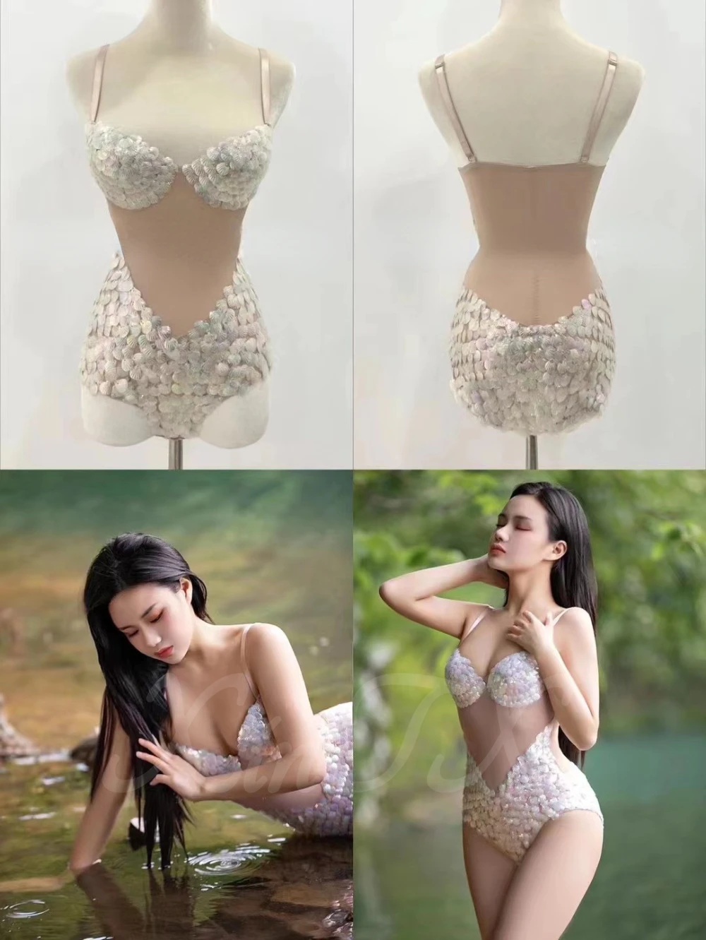 NEW! Handmade Sexy Free Diving Rhinestone Bodysuit Costume Hand Sewing Shell Mermaid One Piece Swimsuit For Adult Women