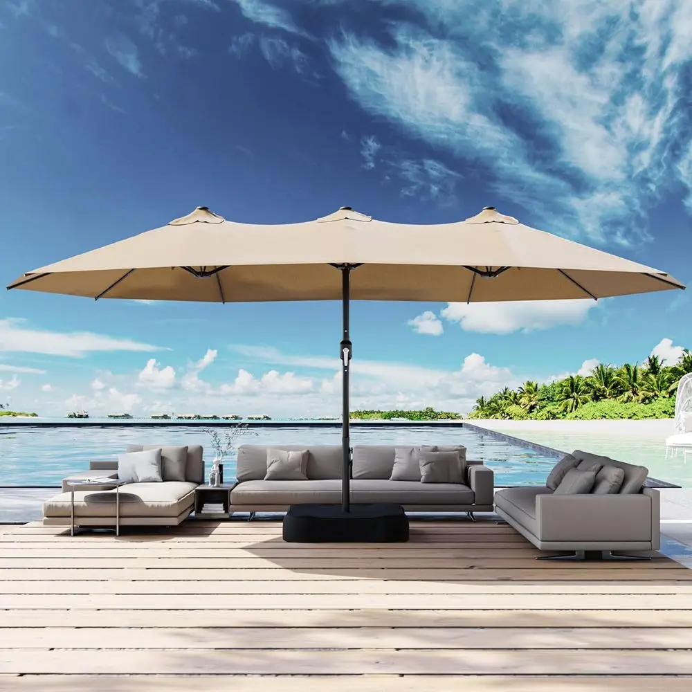 

15T Large Double-Sided Patio Umbrella with Crank and Base, Ideal for Deck and Pool Areas