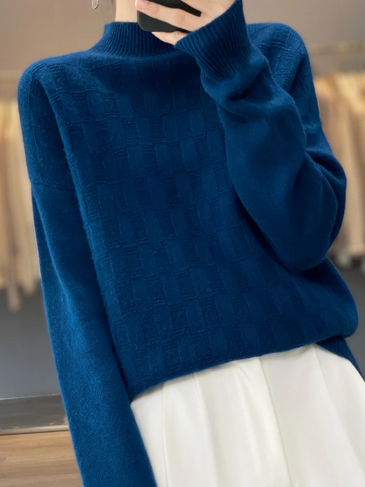 Autumn Winter Thick Pullovers 100% Merino Wool Sweater Mock Neck Long Sleeves Casual Warm Cashmere Knitwear Korean Fashion New