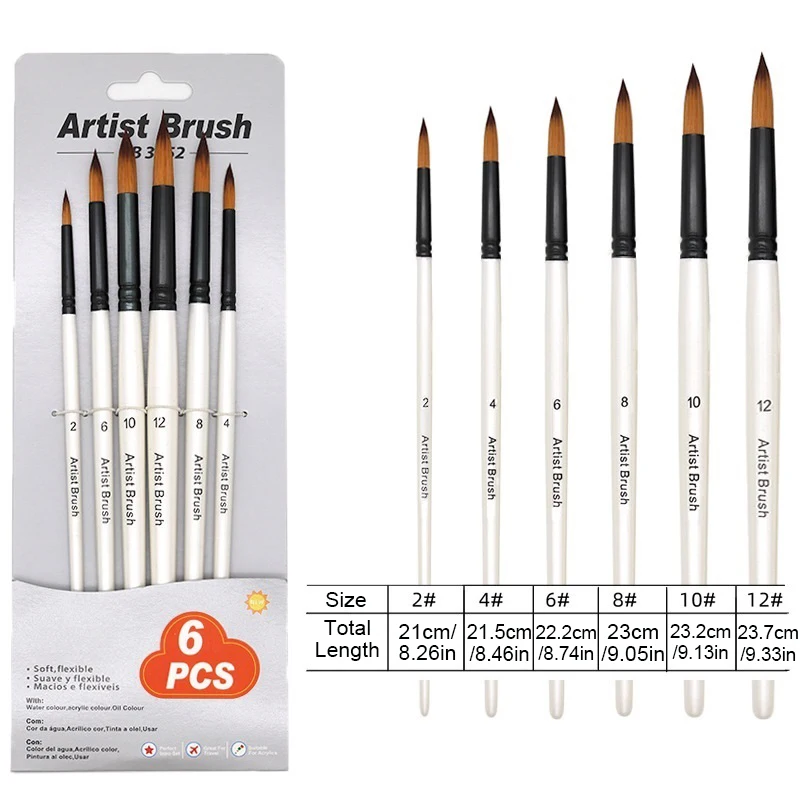 6pcs Artist Paint Brushes Set Synthetic Nylon Tip for Acrylic Oil Watercolor Acrylic Painting for Body Face Rock Canvas Painting