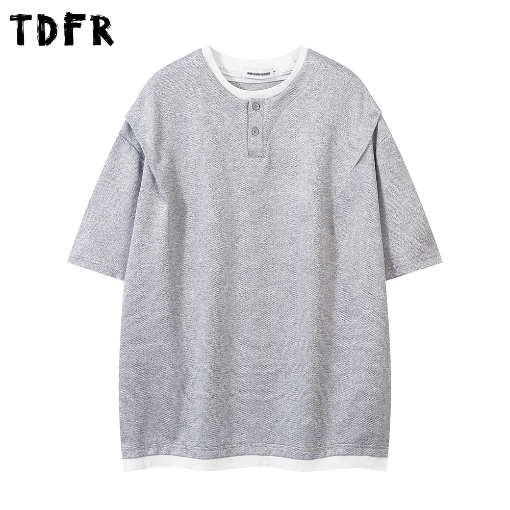 Fake Two Pieces Short Sleeve T-shirt Mens Spliced Summer Streetwear Crew Neck Loose Half-Sleeve Tshirt Men Tee