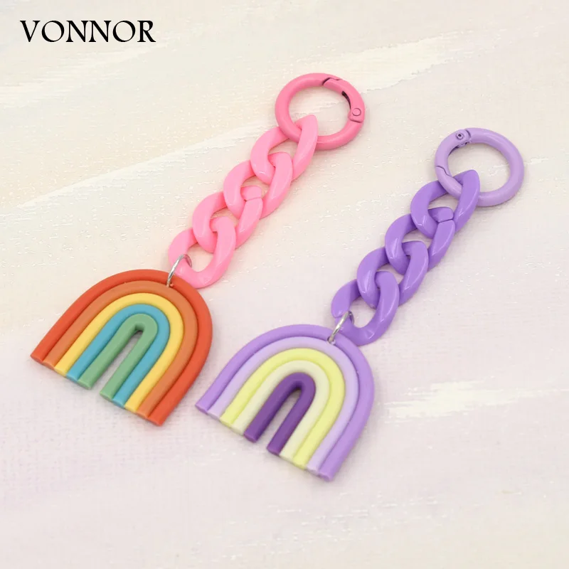 Trendy Trinkets Clay Rainbow Keychain Bohemian Women Jewelry Acrylic Chain for Bag Key Pendant Female Girls Gifts Wholesale