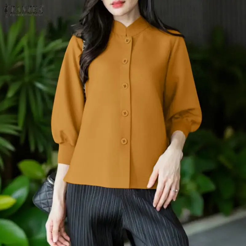 

ZANZEA Elegant OL Shirts Women 3/4 Puff Sleeve Solid Blouse 2026 Fashion Casual Work Office Lady Blusas Female Streetwear Blusas