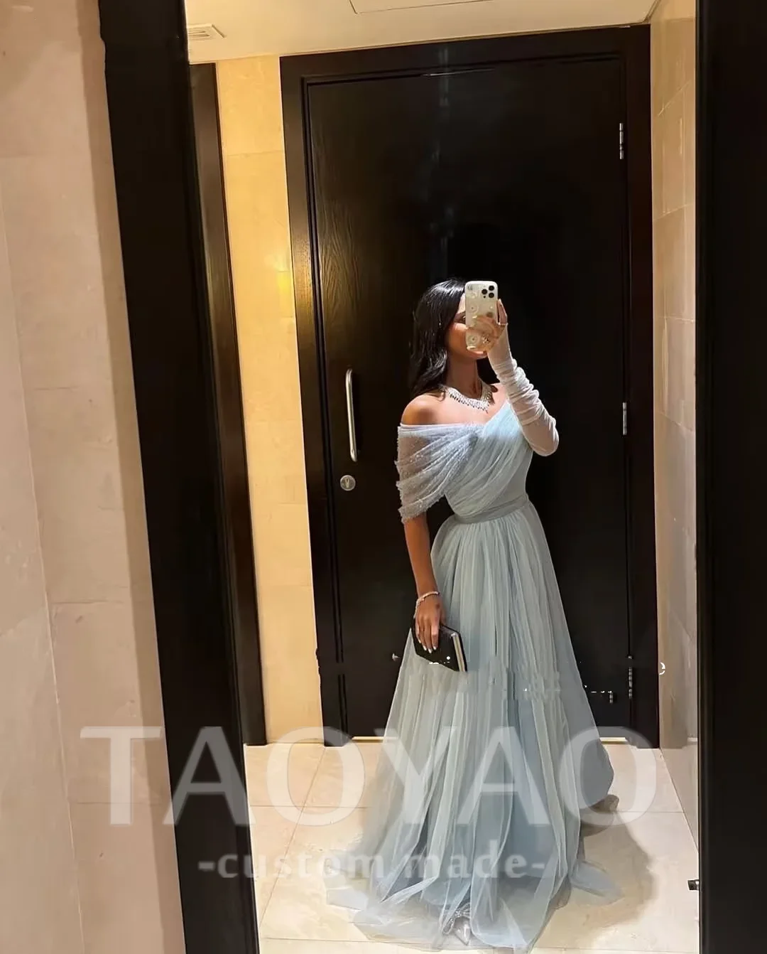 Sky Blue V-Neck Prom Gown One Shoulder A Line Tulle Evening Dress Formal 2025 Elegant Arabic Prom Dress For Women Customized