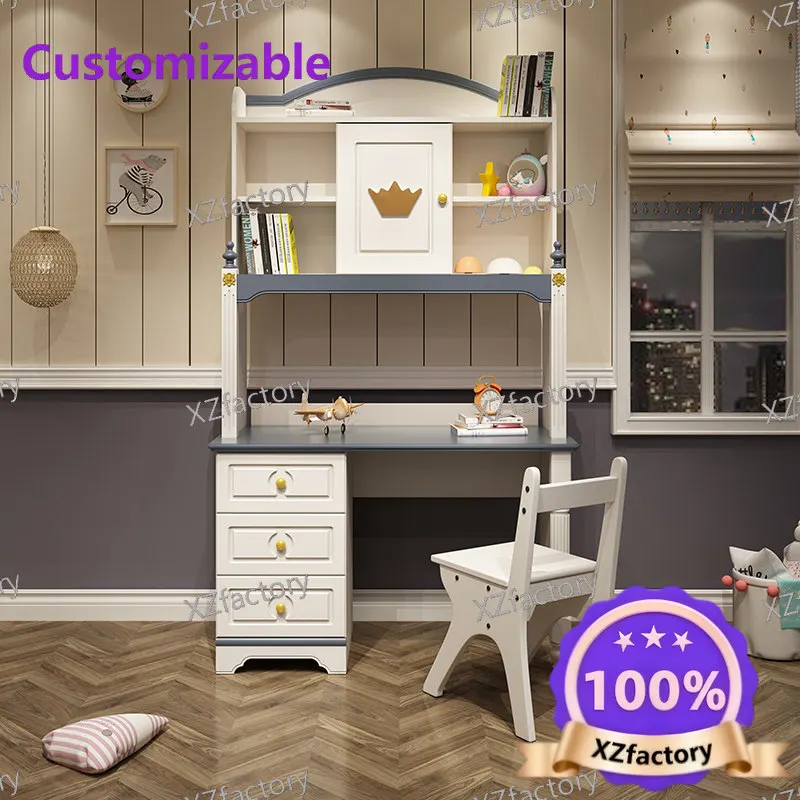 

Customizable Kids study desk, kids writing table, combined desk with bookshelf, bookcase and storage cabinet for children