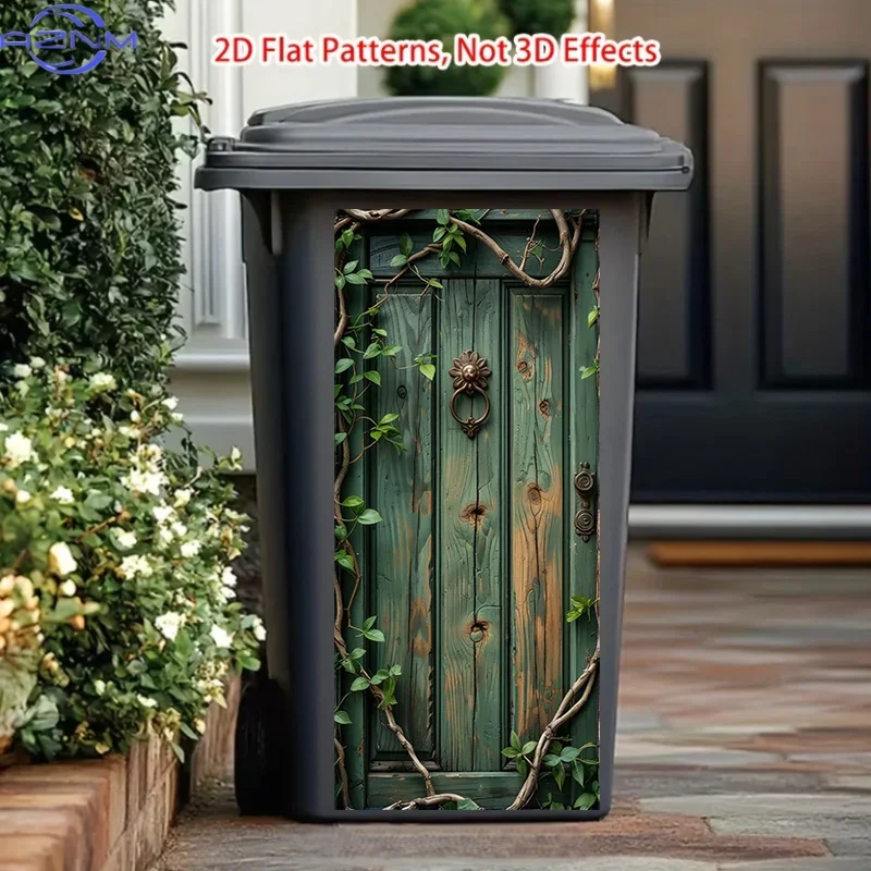 One 2D Flat Trash Can Sticker, Moss Wood Door Knocker with Vine Wrapping Wall Hanging. This Matte Surface Sticker Is Suitable