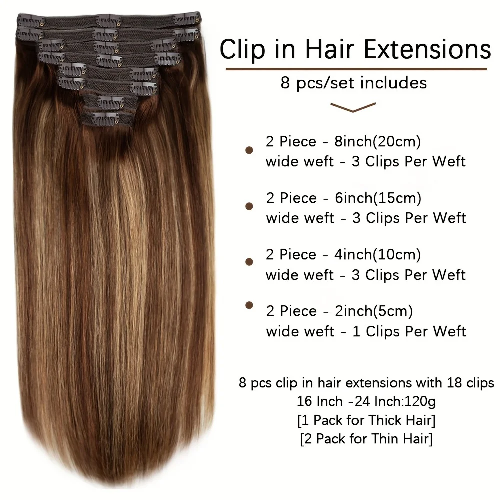 Extensiones de cabello humano liso para mujer, extensiones de cabello humano #4/27, marrón, resaltado, Rubio, Clip Ins, Remy, 26 pulgadas