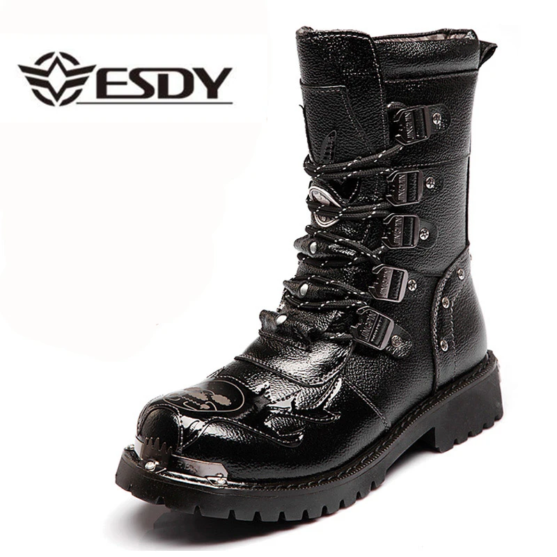 Men Winter Boots 2026 Fashion Mid-Calf Motorcycle Men's Boots Leather Skull High Top Casual Shoes Black Snow Boots