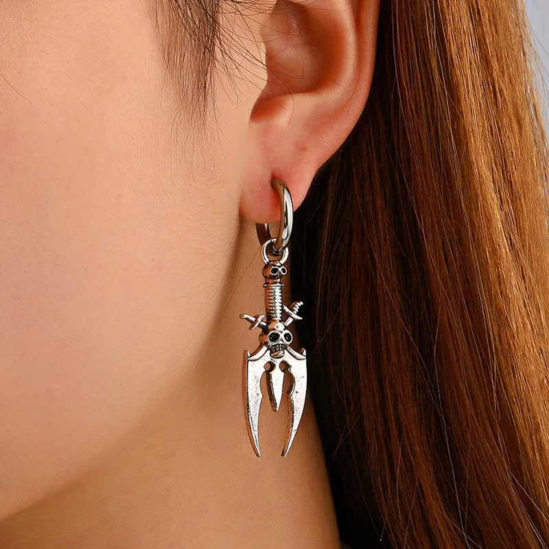 Dark Gothic Dagger Drop Earrings  For Women Men Vintage Pirate Skull Goth Punk Dangle Earring Silver Color Halloween Jewelry