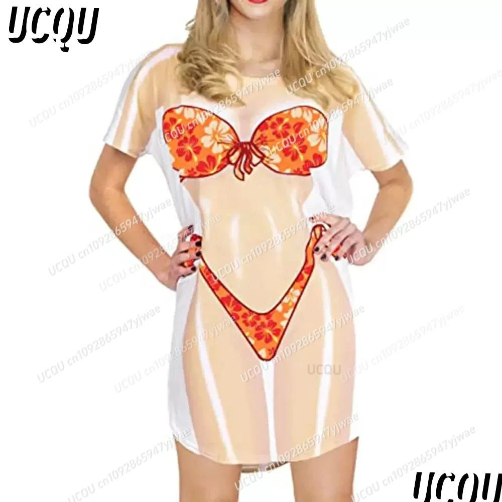 2025 Summer Women T-Shirt Dress Casual Fun 3D Bikini  Printed O-Neck Lady Short Sleeve Pullover Home Sleep Dress Women Clothing