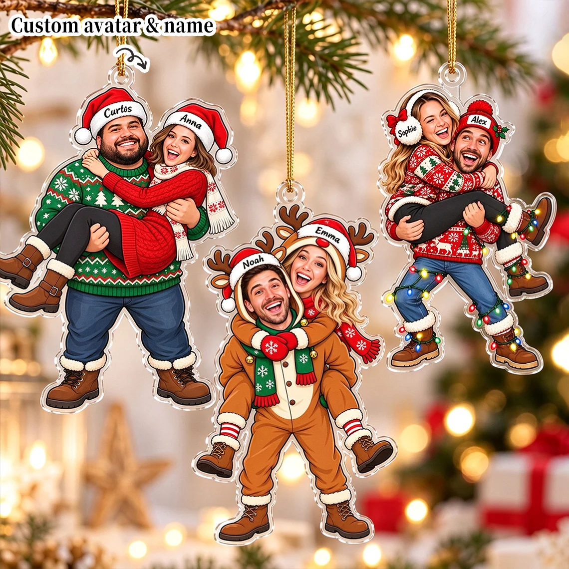 Customized Couple Elf Photo Ornaments, Quirky Portrait Acrylic Ornaments, Christmas Gifts for Couples, Anniversary Gifts, Wedding Souvenirs, Couple Photo Christmas Ornaments, Quirky Portrait Acrylic Ornaments, Custom P