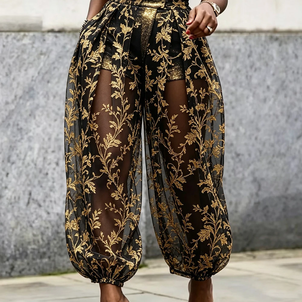 Women Floral Embroidery Mesh Plus Size Harem Pants High Waist Sheer See Through Loose Balloon Trousers Pockets Casual Pants