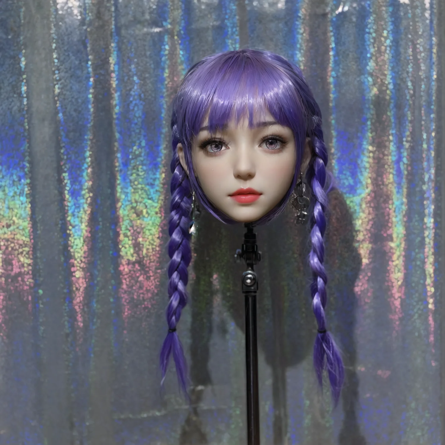 

New TPE material female head model, with purple wig, suitable for both men and women, special slots, truly like skin texture