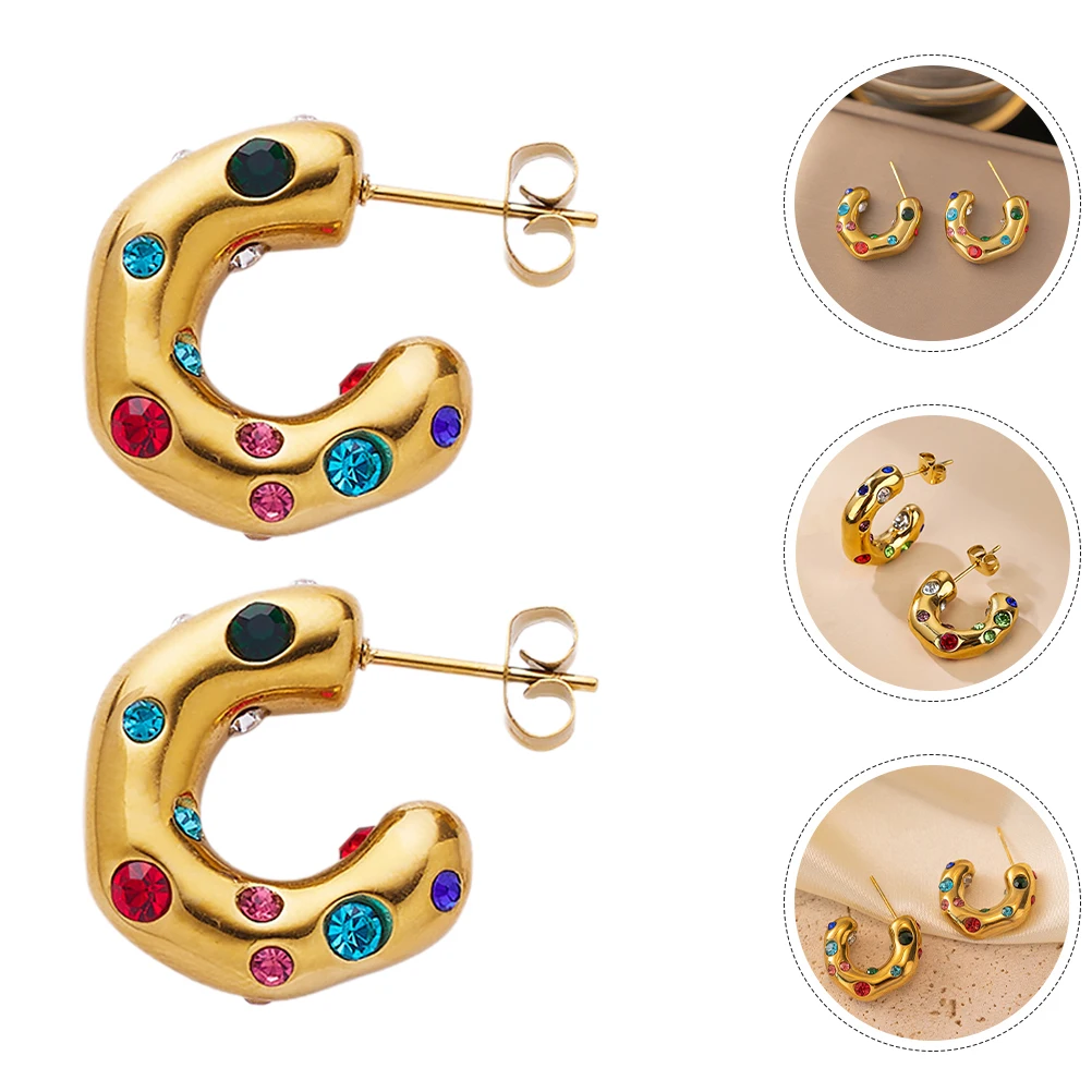 

Stainless Steel Hoop Earrings 1 Pair Colorful Inlay Cartilage Earrings Lightweight Durable Women Fashion Jewelry