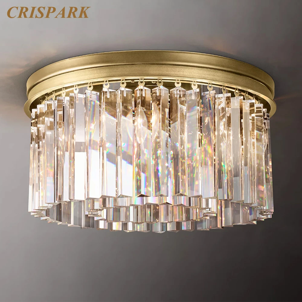 Rhys Flushmount Modern Round Ceiling Chandelier Home Decor Bedroom Clear Smoke Prism Crystal Lustre Lamp Fixture for Living Room