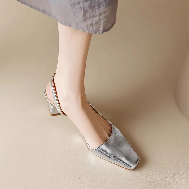 2024 Women Sandals Female Leather Square Toe Med Heel Summer Ladies golden Slingbacks Pumps Shoes Woman Party Wedding Size 35-41