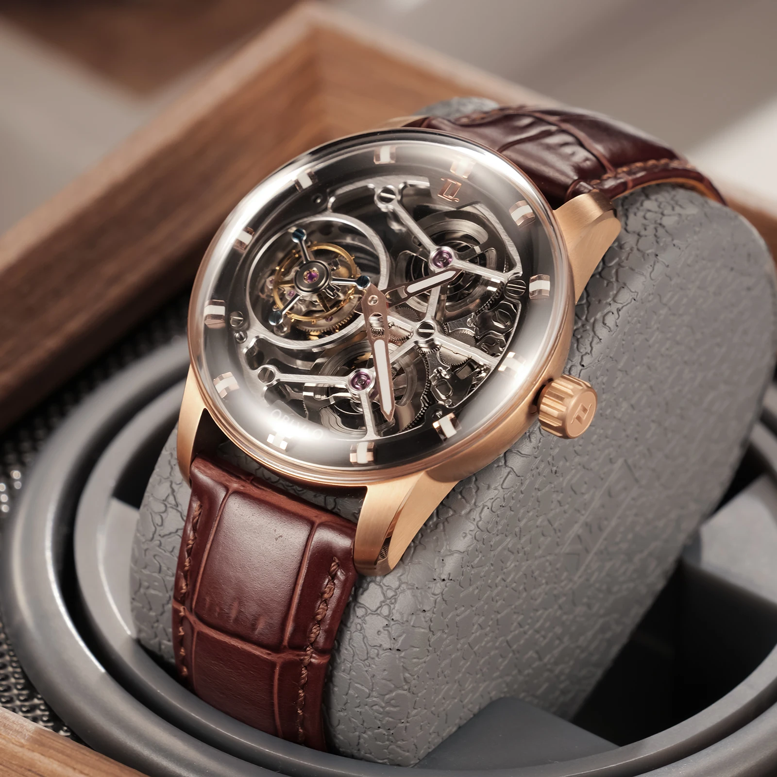 OBLVLO Men Mechanical Watches Genuine Leather Rose Gold Case Skeleton Dial Tourbillon Transparent Manual-Wind Watches IM-SK-TB