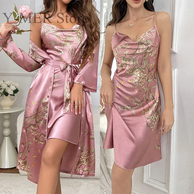 2Pcs Women\'s Home Clothing Sexy Pink Flower Print Robe Suit Lady Ice Silk Long Kimono Bathrobe Gown Sleeveless Sleep Dress