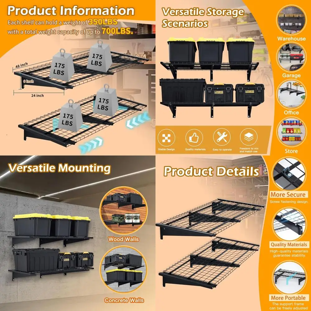

Набор из 2 прочных настенных полок для гаража, 1,2 м, 61 x 122 см, выдерживают до 317 кг, черные