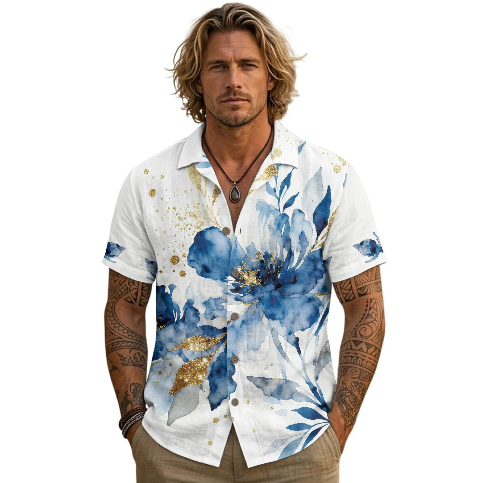 PENSTROLL Blue Gold Floral Art Linen Like Men's Top for Vacation Single Breasted Male Tops Short Sleeve Tee Shirt
