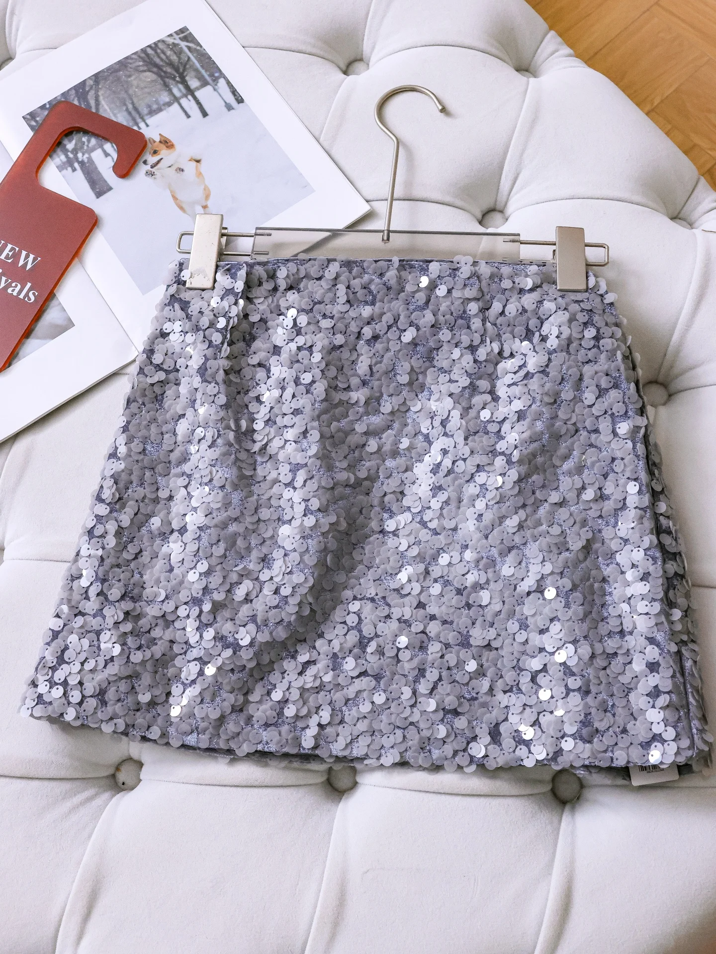  Heavy Work Short Sequin Skirt Slimming Waist Design Women's High Waist Half Body Skirt A-Line Polyester Fiber