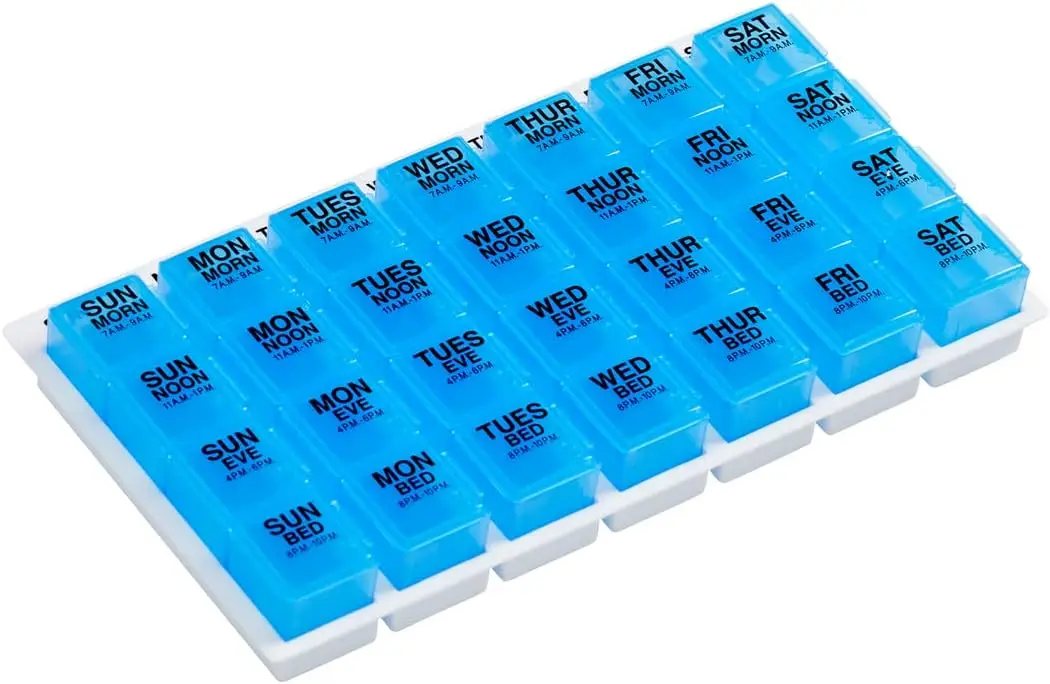 

Weekly Pill Organizer, 7-Day Vitamin Box, Large Pop-Out Compartments, 4 Times Daily, Blue