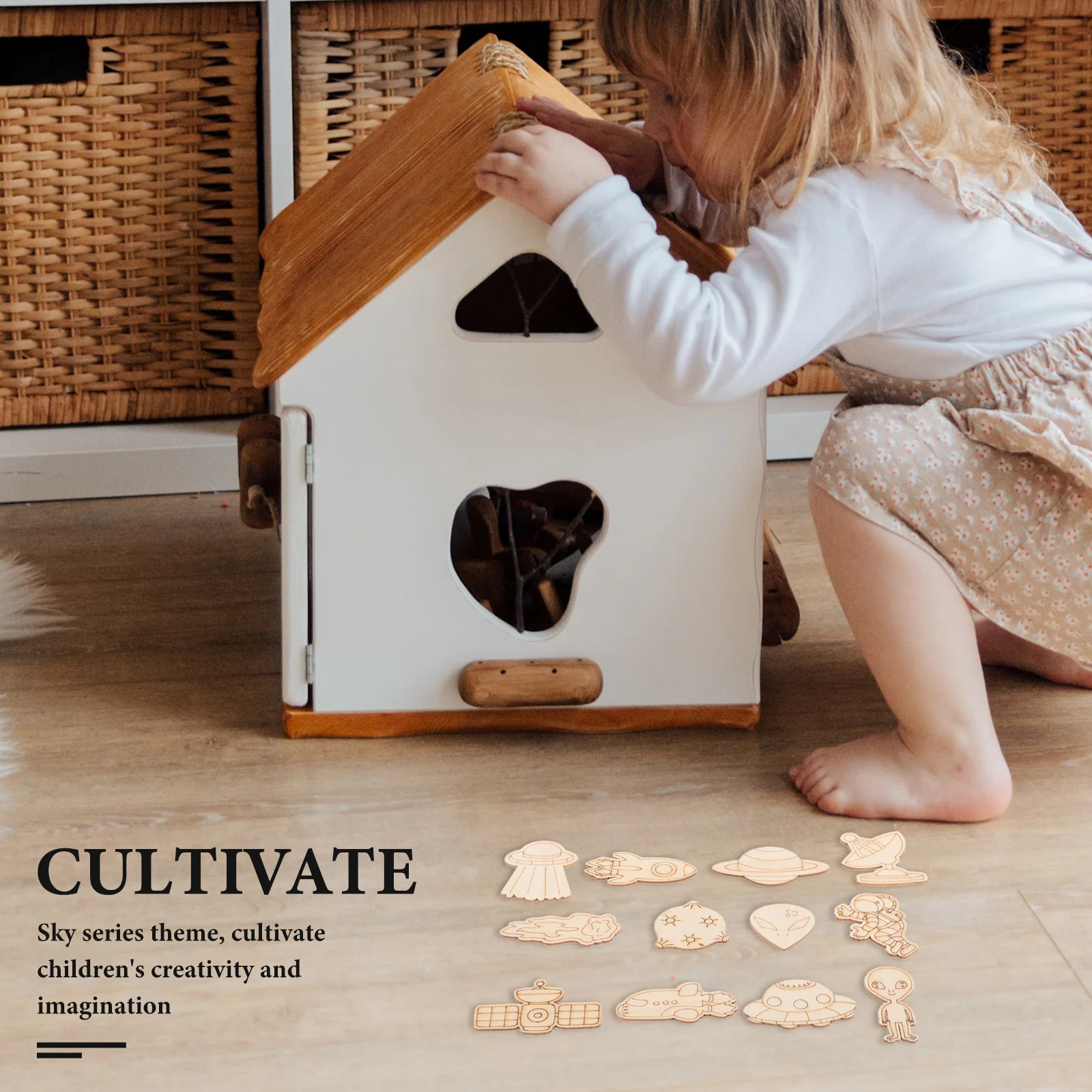 100Pcs Space Craft Kit Blank Spaceship Wooden Cutouts DIY Painting Set Kids Room Decor Astronaut Planet Alien Space Theme Party