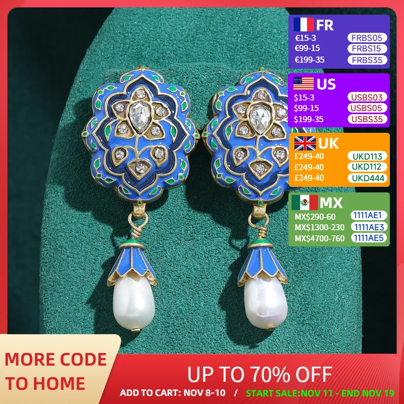 خمر الأقراط الزرقاء الكبيرة قطرة المينا اللؤلؤ زهرة قلادة اللون الفاخرة جودة مجوهرات اكسسوارات الحفلات للنساء 2025 جديد