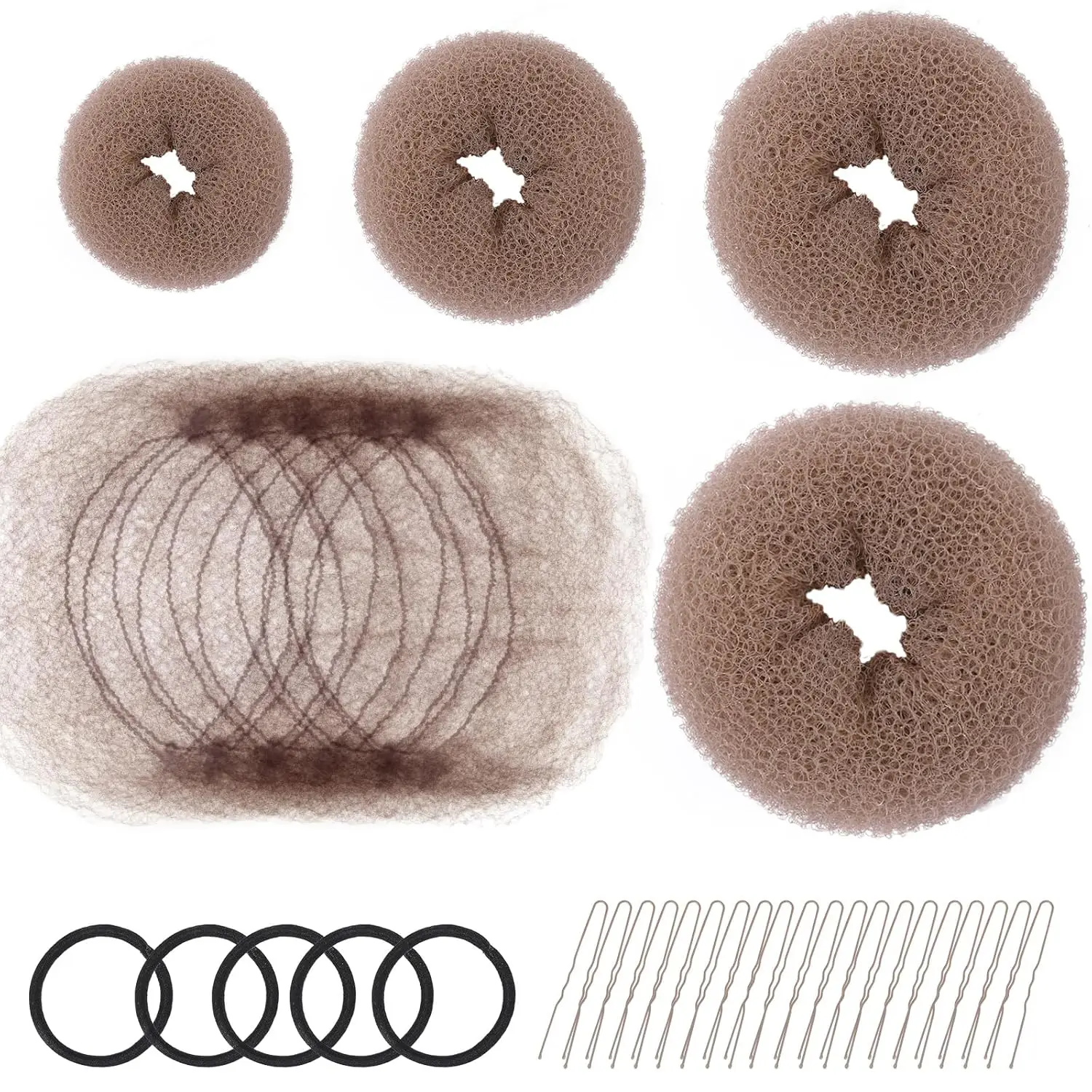 

4-Piece Hair Donut Bun Maker Set with 20 Nets, 20 Pins, 5 Elastics - Tan Brown