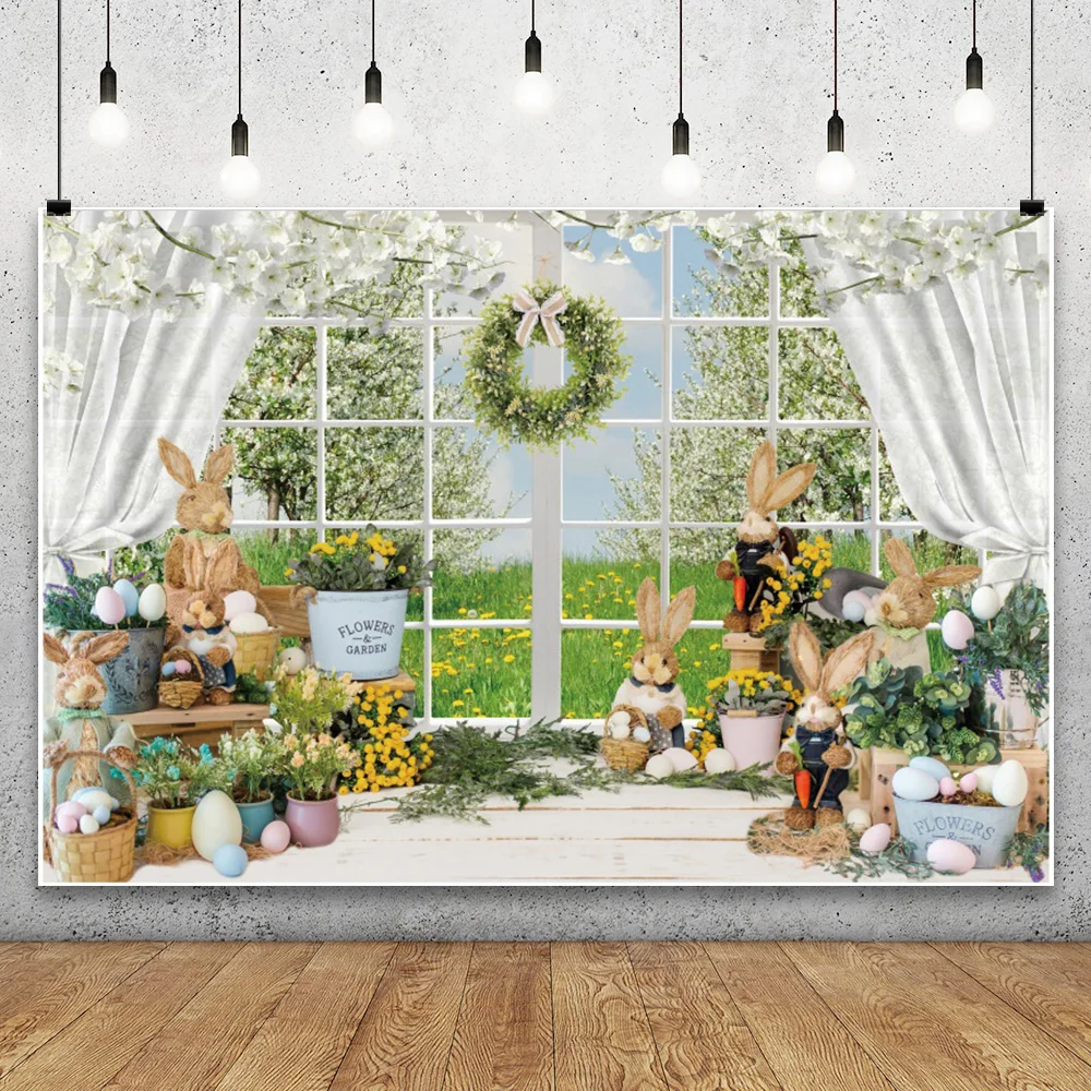 Happy Easter Day Cartoon Bunny Photography Background White Wood Windows Spring Garden Forest Scenery Kids Backdrop Photo Studio