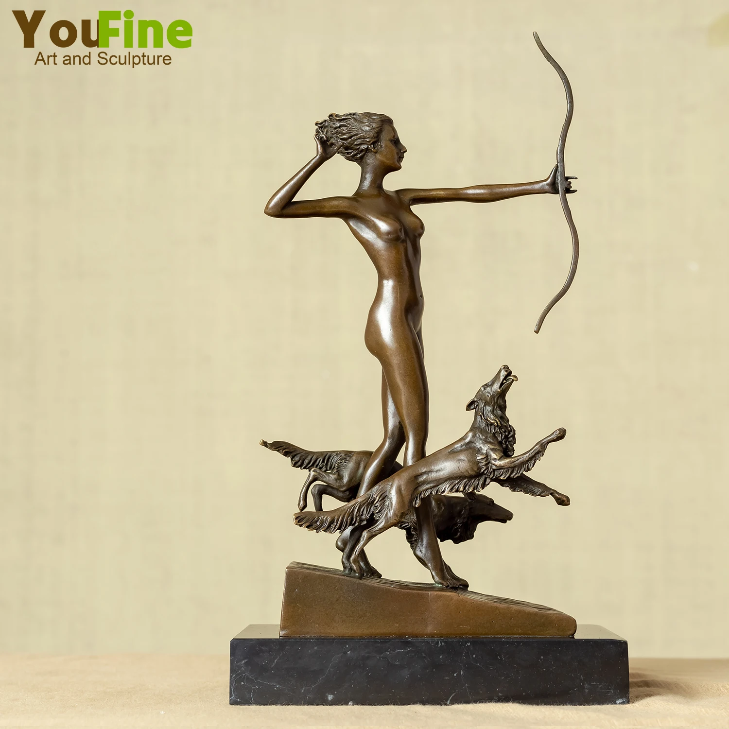 Diana with Dogs Bronze Sculpture on Marble Base Mythological Goddess Of Hunters Patron For Home Indoor Decor Ornament Gifts