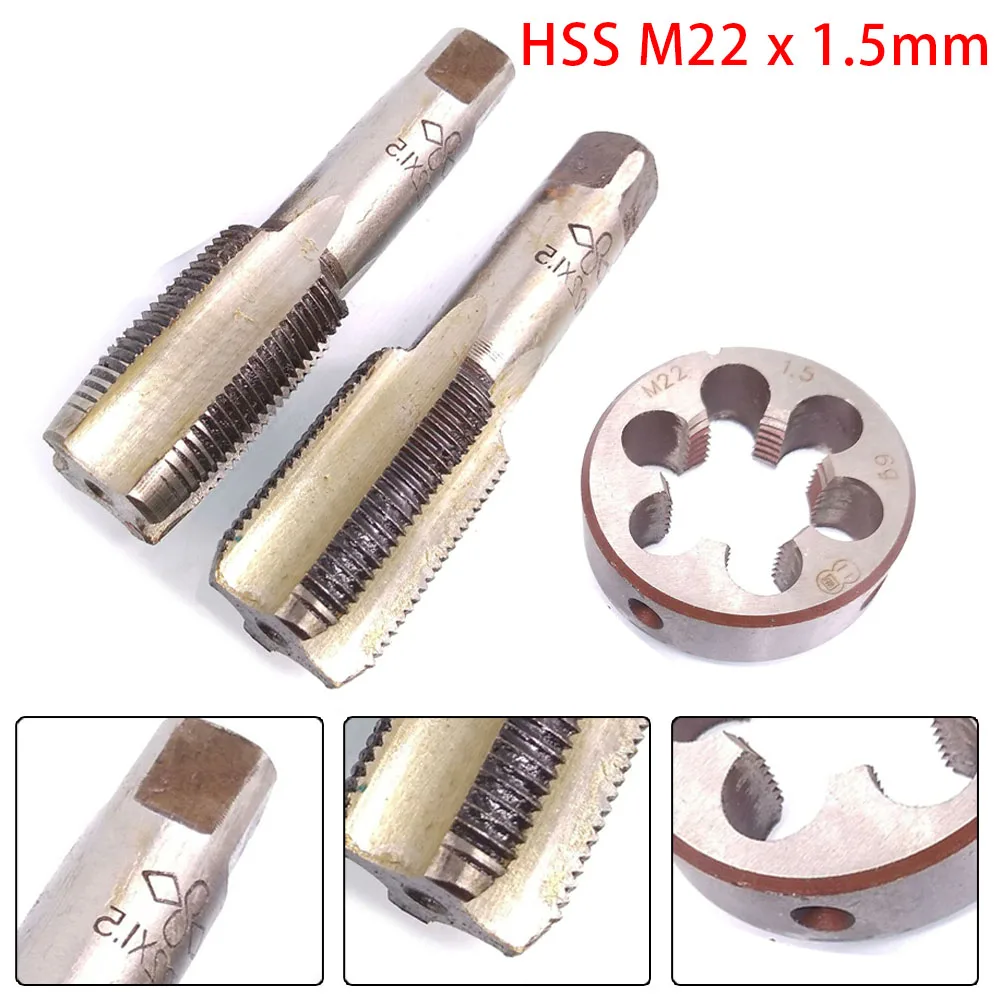 3pcs/set HSS M22 X 1.5mm Taper And Plug Tap 90mm Length And M22 X 1.5mm Die Metric Thread Right Hand HSS Hand Tap