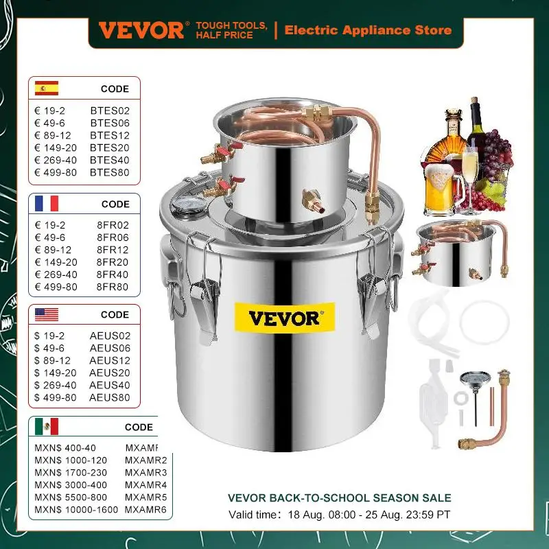 

VEVOR 8 Gal Distiller Alambic Moonshine Alcohol Still Stainless Copper DIY Home Brew Water Wine Essential Oil Brewing Kit